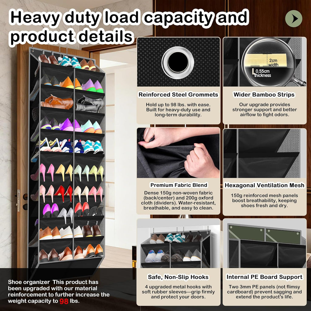 Kotkn 10-Tier Over the Door Shoe Organizer, 20 Pockets Holds 20-30 Pairs, Heavy-Duty Oxford Fabric with Hexagon Mesh for Boots & Sneakers-Black