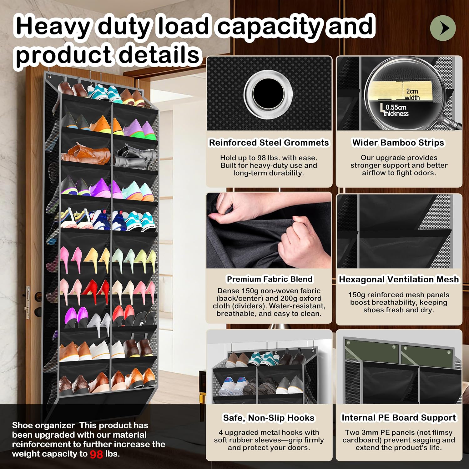 Kotkn 10-Tier Over the Door Shoe Organizer, 20 Pockets Holds 20-30 Pairs, Heavy-Duty Oxford Fabric with Hexagon Mesh for Boots & Sneakers-Black
