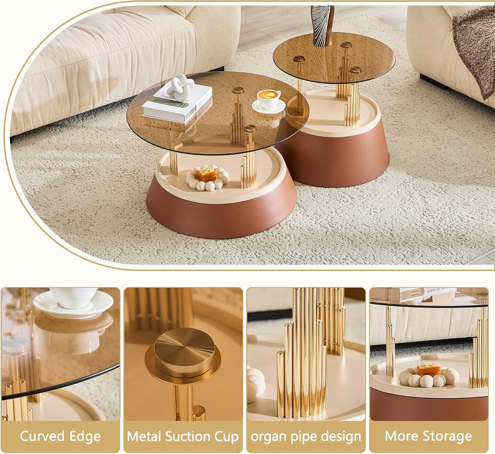 Round Glass Coffee Table Set of 2, Brown, 27.5 Inch | Amber tempered glass to...