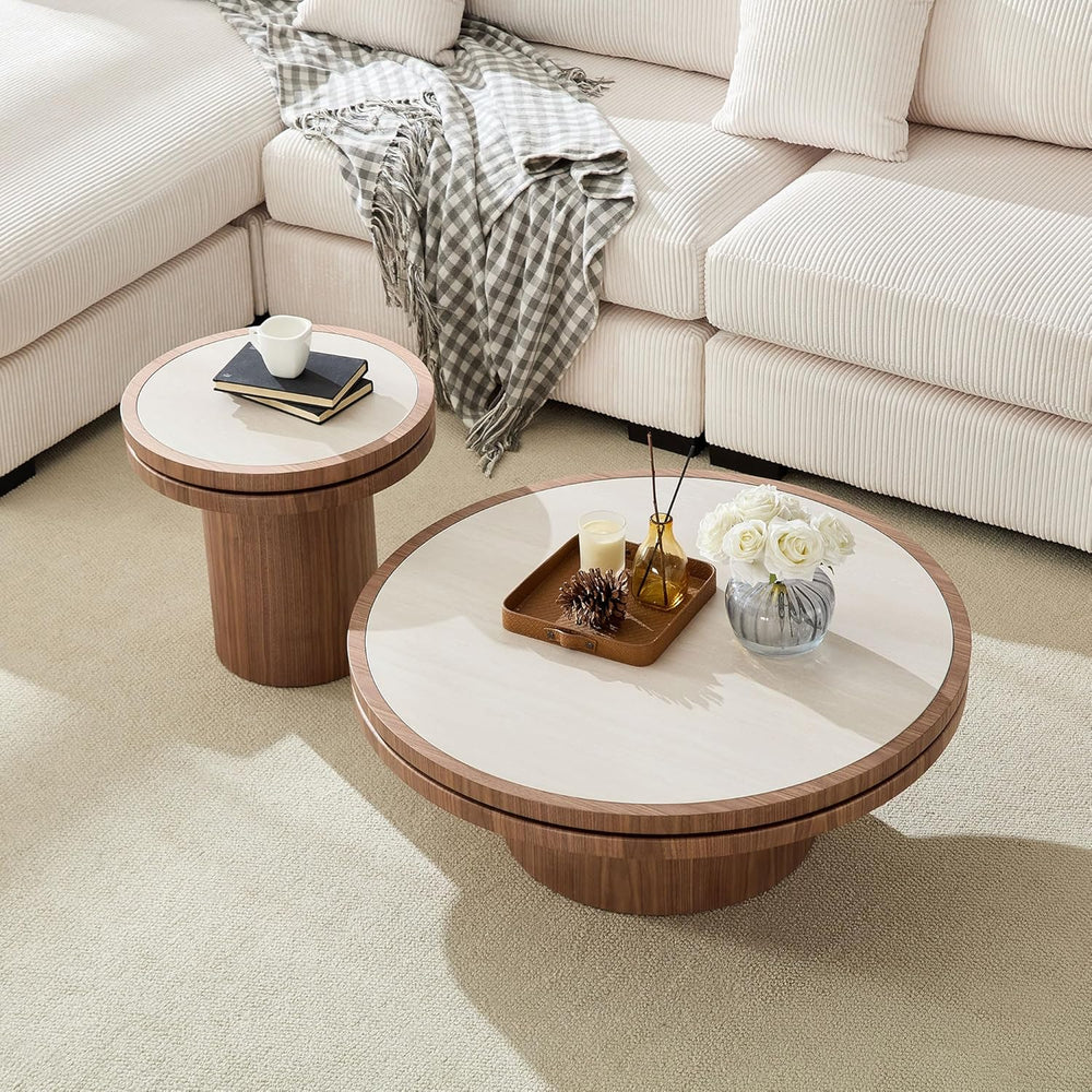 35.43 Inch Round Sintered Stone Side Table, No Assembly MDF Coffee Table with...