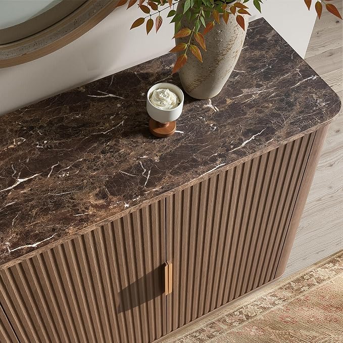 win2win 63" Fluted Sideboard Buffet Cabinet with Faux Marble Top, Mid Century Modern Credenza with Storage, Wood Media TV Console Accent Cabinet for Living Room Kitchen Hallway, Walnut