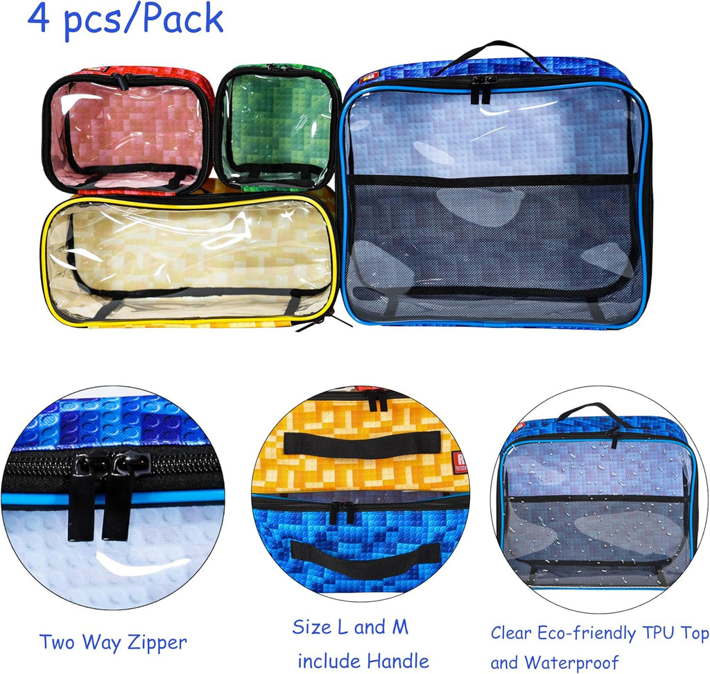 4-piece Kids Toy Storage Organizer Set Bag for Toy Building Bricks with See Through Clear TPU Top, Small Toy Packing Cube Bags, Clean Up Container case (grid pattern)