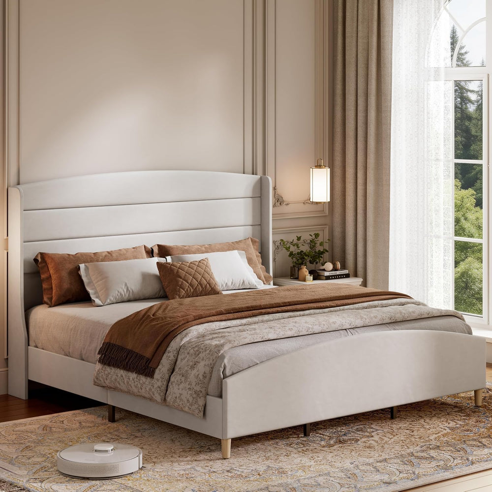 Garvee King Size Bed Frame,Upholstered Platform Bed with Wingback Headboard
