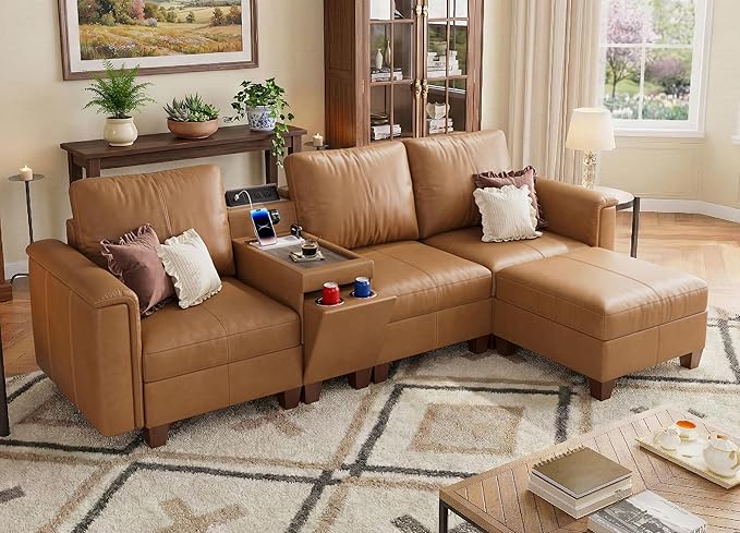 SITJOY 105" Faux Leather Modular Sectional Sofa with Storage, Mid Century Modern Sectional Couches for Living Room, 4 Seat L Shaped Couch with Ottoman and Console Table, Hidden Cupholders, Brown
