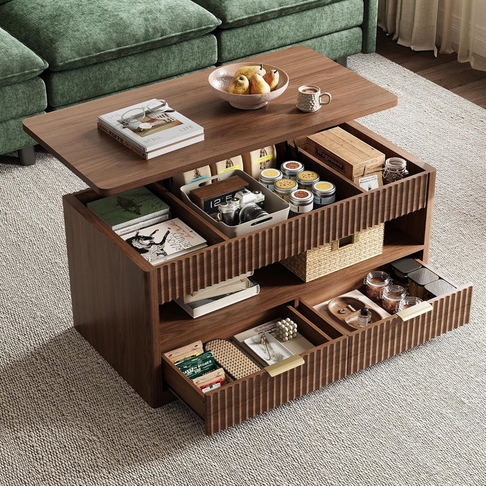 LINSY Home Lift Top Coffee Table with Hidden Storage, Adjustable Shelf, Walnut | Farmhouse Wood Coffee Table with Metal Handles for Dining/Living Rooms/Office, Fluted Design