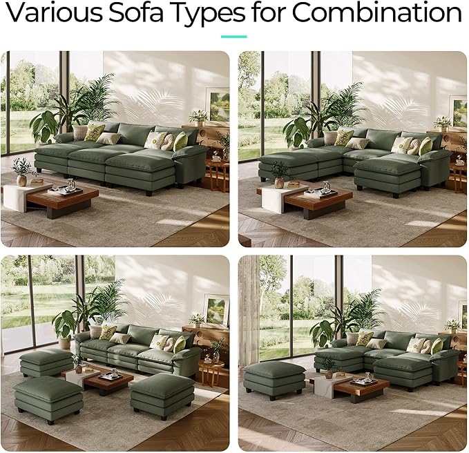 LINSY HOME Modular Sectional Sofa - 123 Inch Oversized Corduroy Cloud Couch with Movable Ottoman Soft Modern Comfy Sofa Set for Living Room Apartment Office, Green
