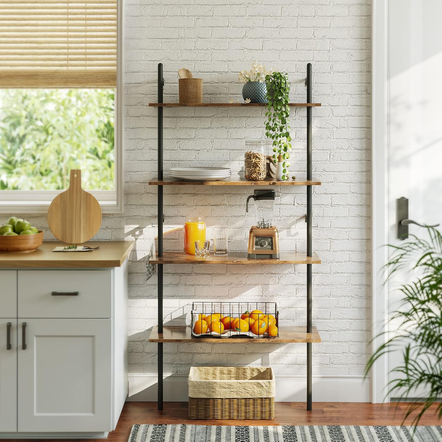 Bestier 65" Industrial Wall-Mounted Ladder Shelf 4 Tier Bookshelf with Storage Organizer Plant Flower Display Stand Round Tube Bookcase Rack with 2 Hooks for Home Office,Large,Rustic Brown