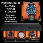 DailyWatch | Personalized Watch Roll Travel Case For 3 Watches - Handmade Genuine Leather Travel Case With Custom Engraving of Name or Initials - Black Orange