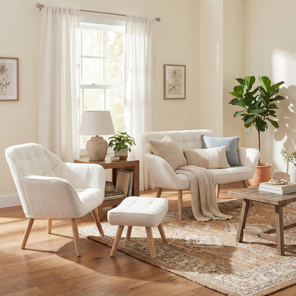White Sherpa Accent Chair with Ottoman ，Modern Reading Chairs with Ottoman Se...