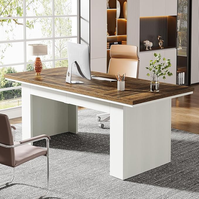 Tribesigns 63" Executive Office Desk, Modern Computer Desk for Home Office, Easy Assembly, Brown and White