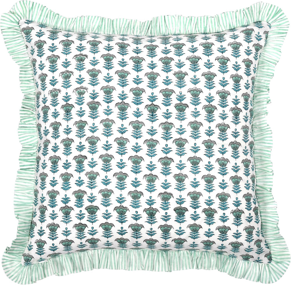 Ridhi Aquamarine Blue Block Print Ruffle Pillow Covers 16x16 Inch Set of 2