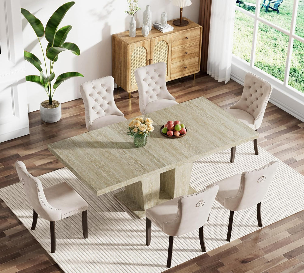 Modern Extendable Dining Table Set for 6, 78.74" Faux Travertine Expanda...