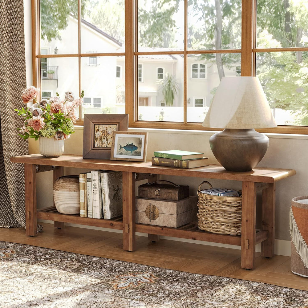 LITTLE TREE Solid Wood Entryway Shoe Bench, 63" Farmhouse Narrow End of ...