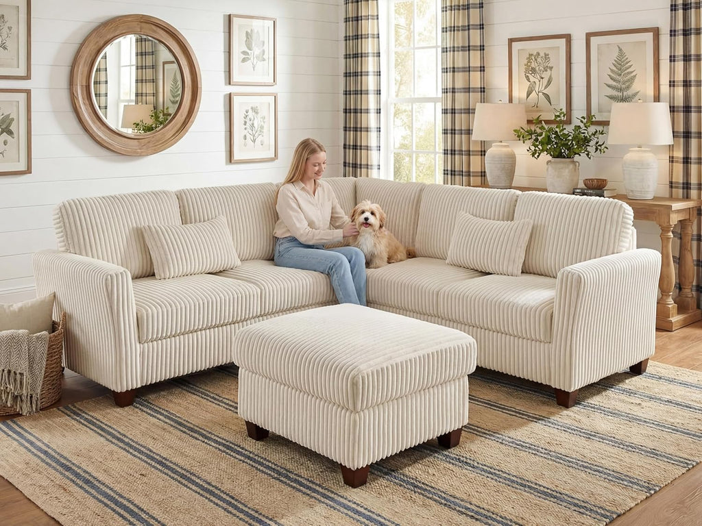 VANOMi Sectional Corner Couch, Corduroy L Shaped Sofa with Storage Ottoman,V Shaped Sectional Sofa, Corner 6-Seat Upholstered Couch with Chaise,Beige