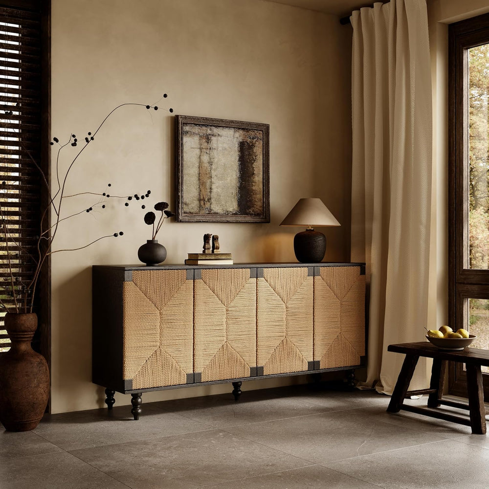 Handwoven Seagrass Doors Sideboard, 59 Inch Boho TV Stand Media Console Buffe...