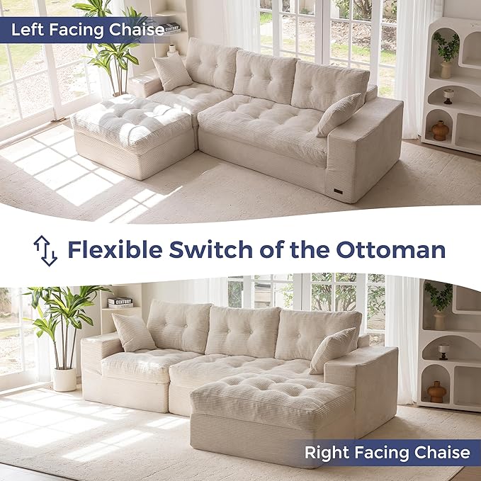 MAXYOYO 104" L Shaped Modular Sectional Sofa with Ottoman, Cloud Boneless Couch with Layered Cushion, Upholstered Sofa in a Box, Flexible Module Combination for Living Room, No Assembly, Beige