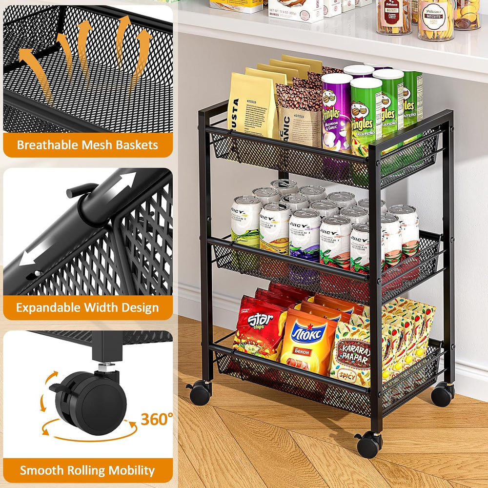 3IngSeagulls 3-Tier Expandable Rolling Pantry Floor Organizer, Stackable Pant...