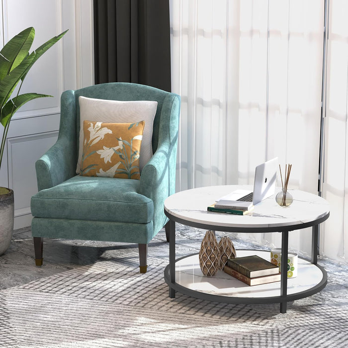 WiberWi Round Coffee Table 33.5" Coffee Tables for Living Room High Glossy Faux White Marble Top Modern Circle Table Sturdy Metal Frame Legs Cocktail Table with Storage Open Shelf