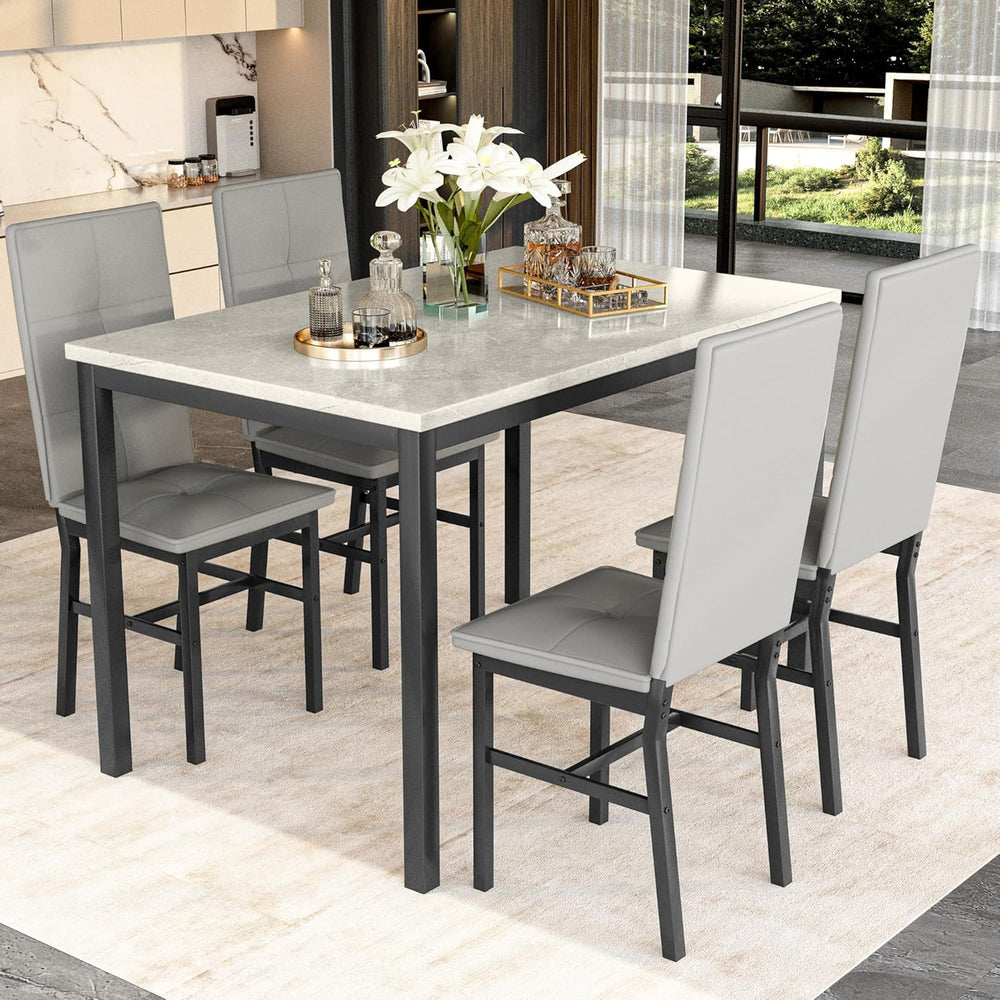 Hooseng Dining Table Set for 4, Faux Marble Small Kitchen Table with 4 PU Lea...