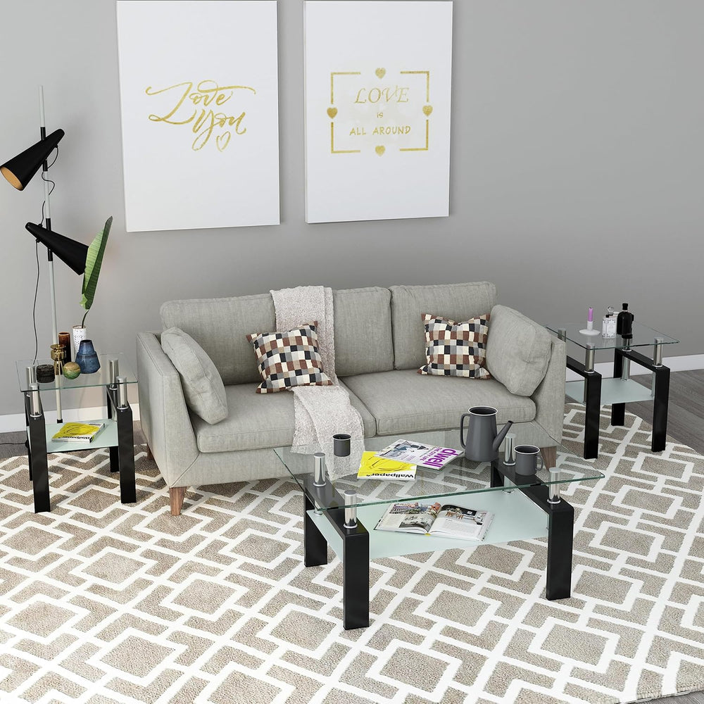 Living Room Tables Set,3 Piece Glass Coffee Table and End Tables Set for Livi...