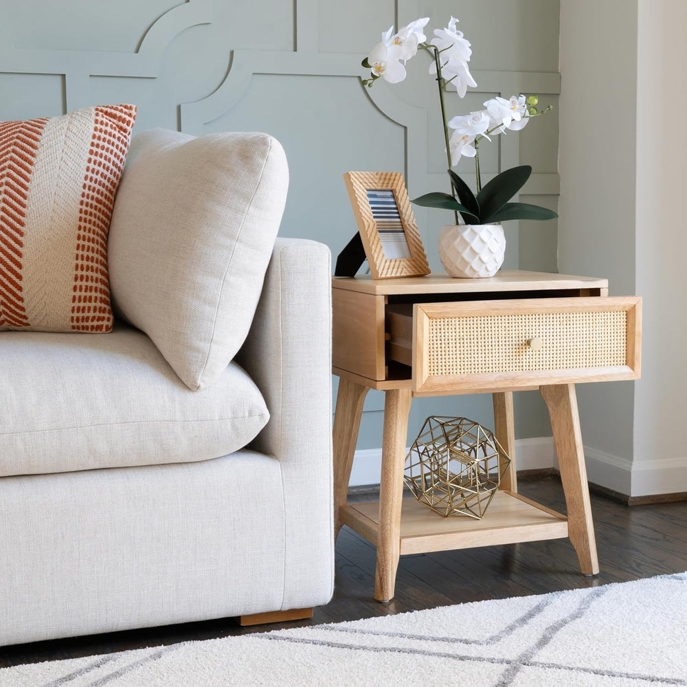 Powell Laurie Natural Wooden Side Accent Table with Cane Drawer Front