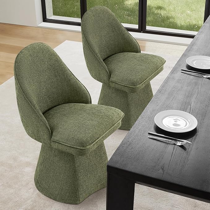 Swivel Dining Chairs Set of 2, Upholstered Mid Century Modern Deskchair with Round Back, Linen Fabric Kitchen Chairs for Dining Room, Bedroom, Dressing Room, Green