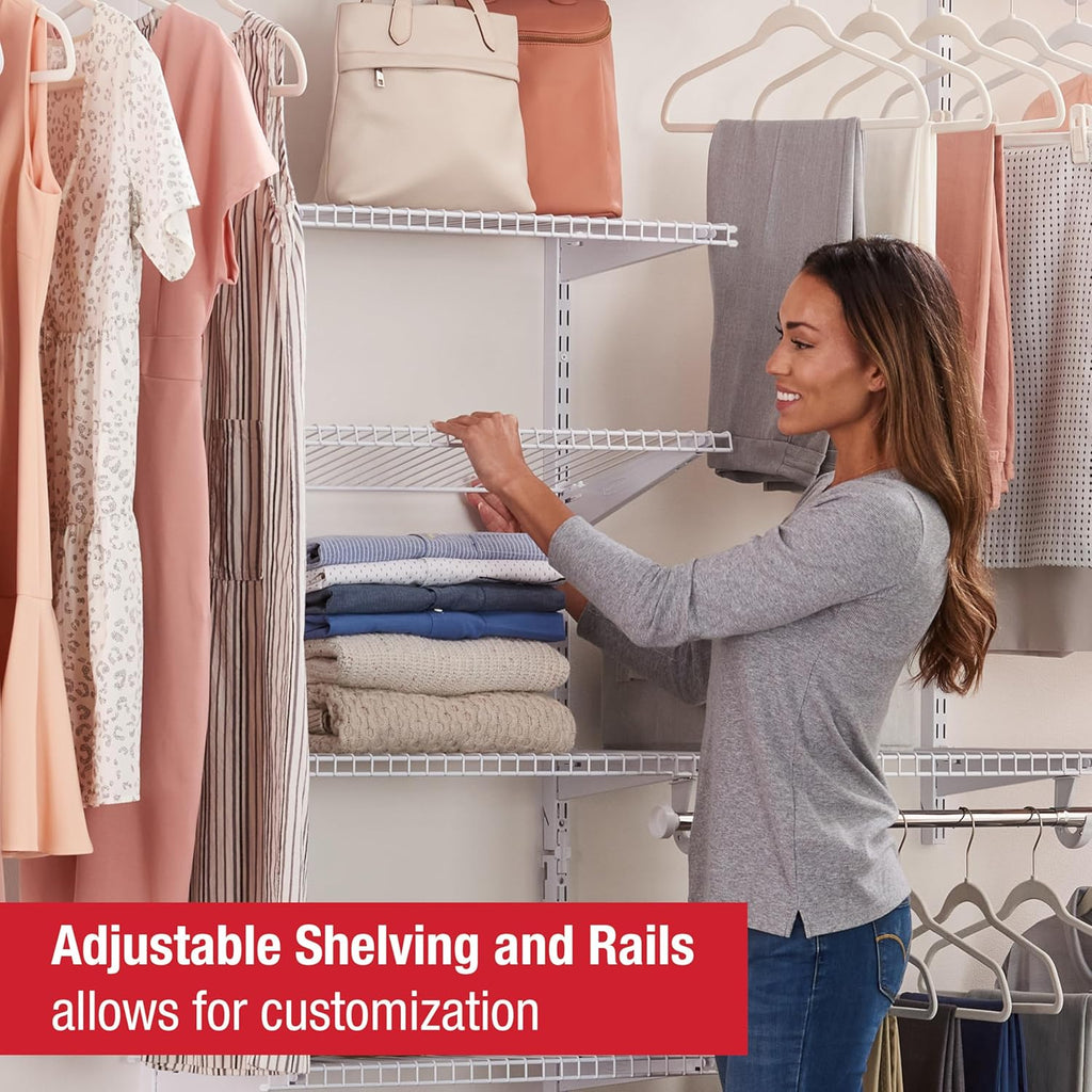 Rubbermaid Configurations Custom Closet Kit 3-6 Ft. Adjustable Metal Wire Shelving White Finish Expandable Organization System Hardware Included for Home Closet/Pantry/Laundry/Mudroom