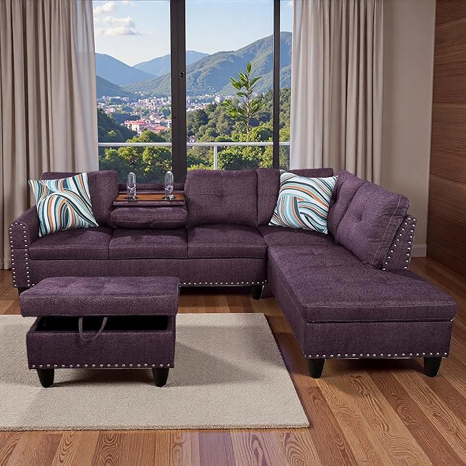 97.5" L Shaped Couch Set, Modular Sectional Couches for Living Room with Storage Ottoman, 4 Seat Home Sofa Living Room Furniture Sets with Chaise for Apartment Office (Linen, Purple)