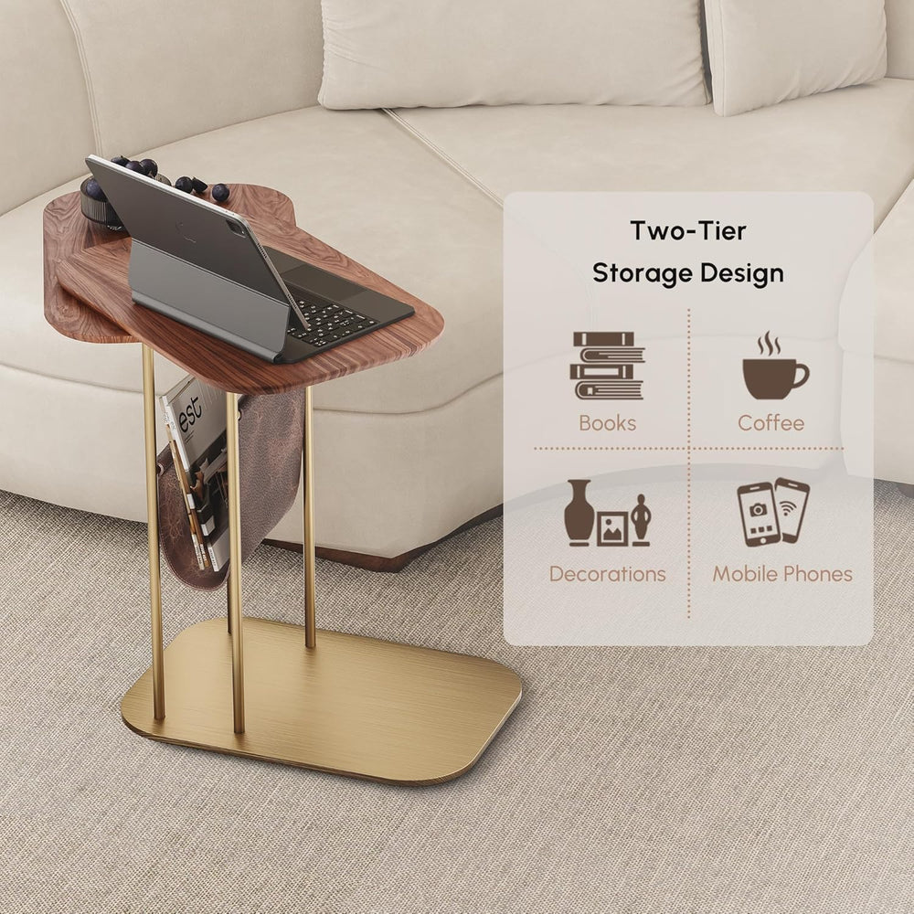 LOVEDIMA C-Shaped Walnut & Gold Rotating Side Table with Storage - 360° S...