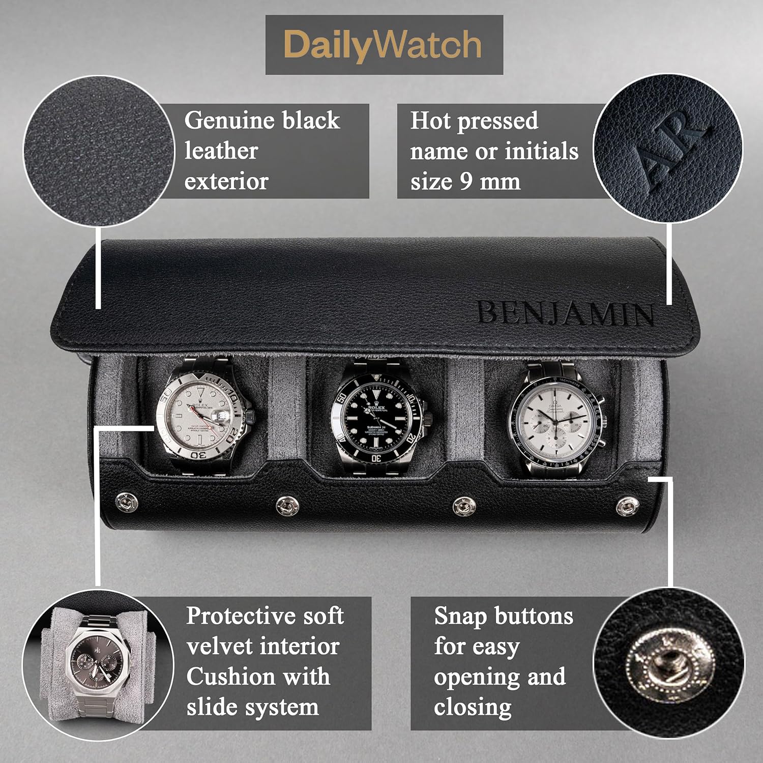 DailyWatch | Personalized Watch Roll Travel Case For 3 Watches - Handmade Genuine Leather Travel Case With Custom Engraving of Name or Initials -