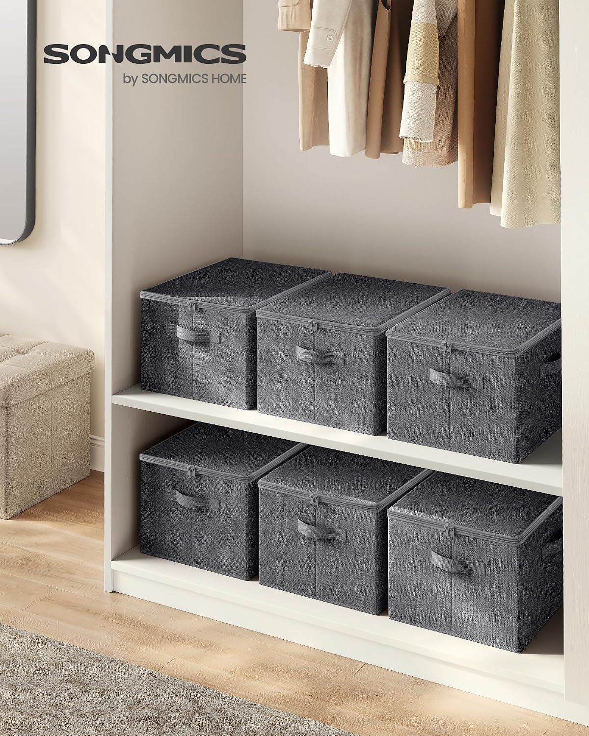SONGMICS Large Storage Bins with Lids, 31 Quart Fabric Closet Organizer With Zipper, 6 Pack Foldable Storage Boxes, 15.7 x 11.8 x 9.8 Inches, Slate Gray URZB003G02