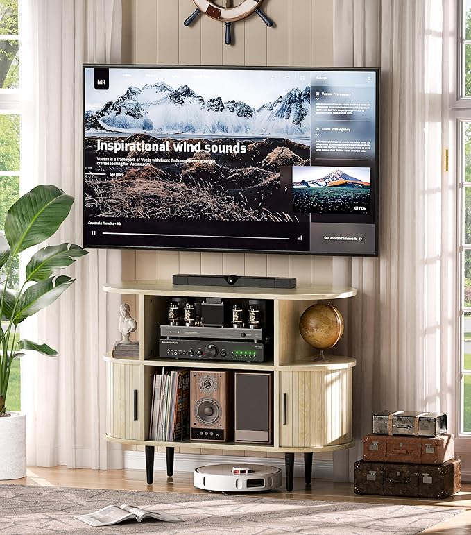 35.4" Fluted Small TV Stand, Mid Century Modern TV Stands for Bedroom,TV Entertainment Center with Storage for TVs, Round Media Console Cabinet with Sliding Doors for Bedroom, Living Room, Nature