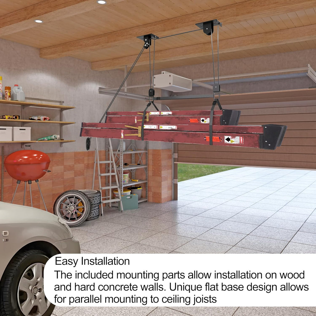 TRUSOON Ladder Storage, Larger Pulley Ladder Hoist, Self Locking Function Ladder Hanger, Garage Ceiling Mount Lift System for Kayak, Cargo Box, Canoe, Bike,Fit 10-14 Foot Ceilings, Hold 150 lbs
