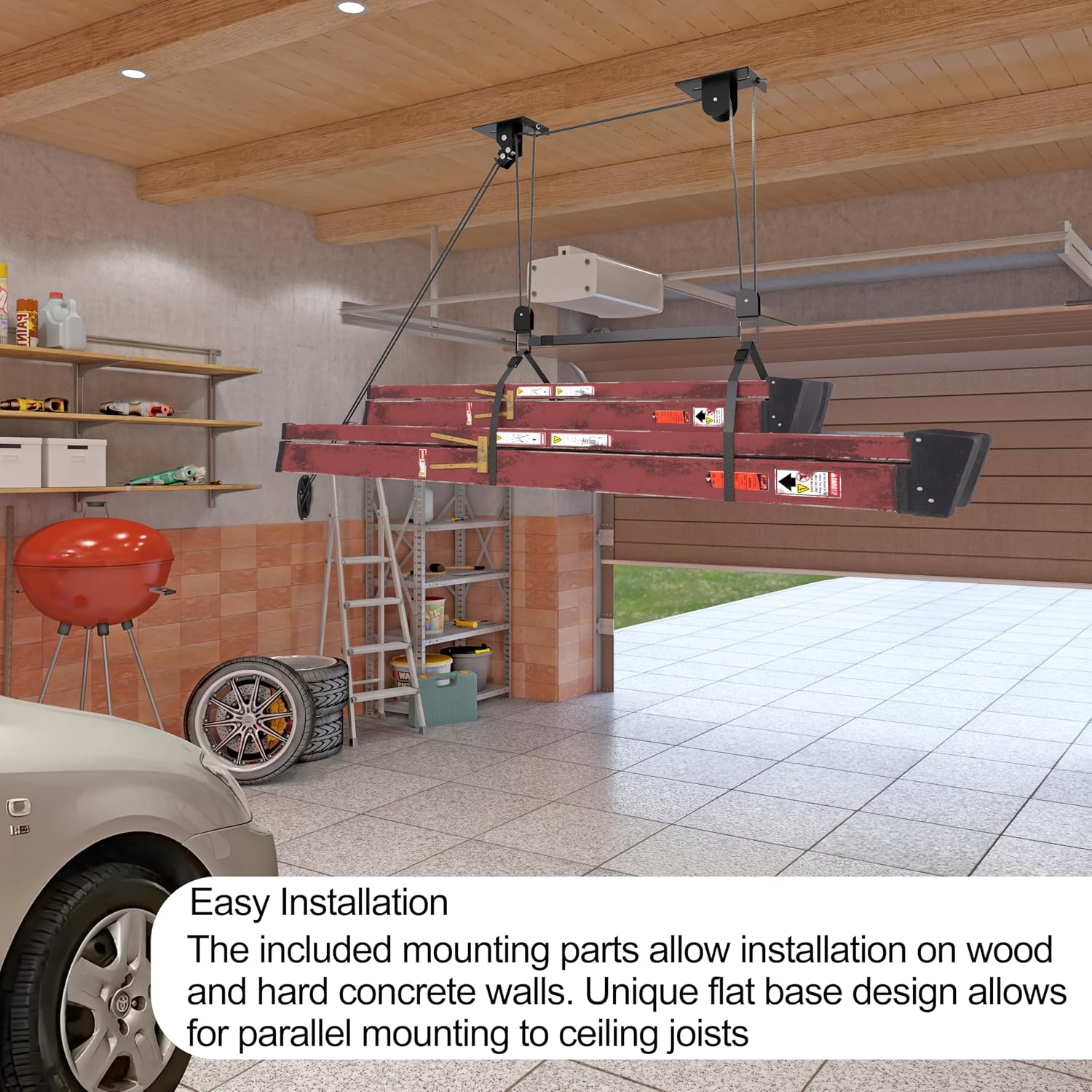 TRUSOON Ladder Storage, Larger Pulley Ladder Hoist, Self Locking Function Ladder Hanger, Garage Ceiling Mount Lift System for Kayak, Cargo Box, Canoe, Bike,Fit 10-14 Foot Ceilings, Hold 150 lbs