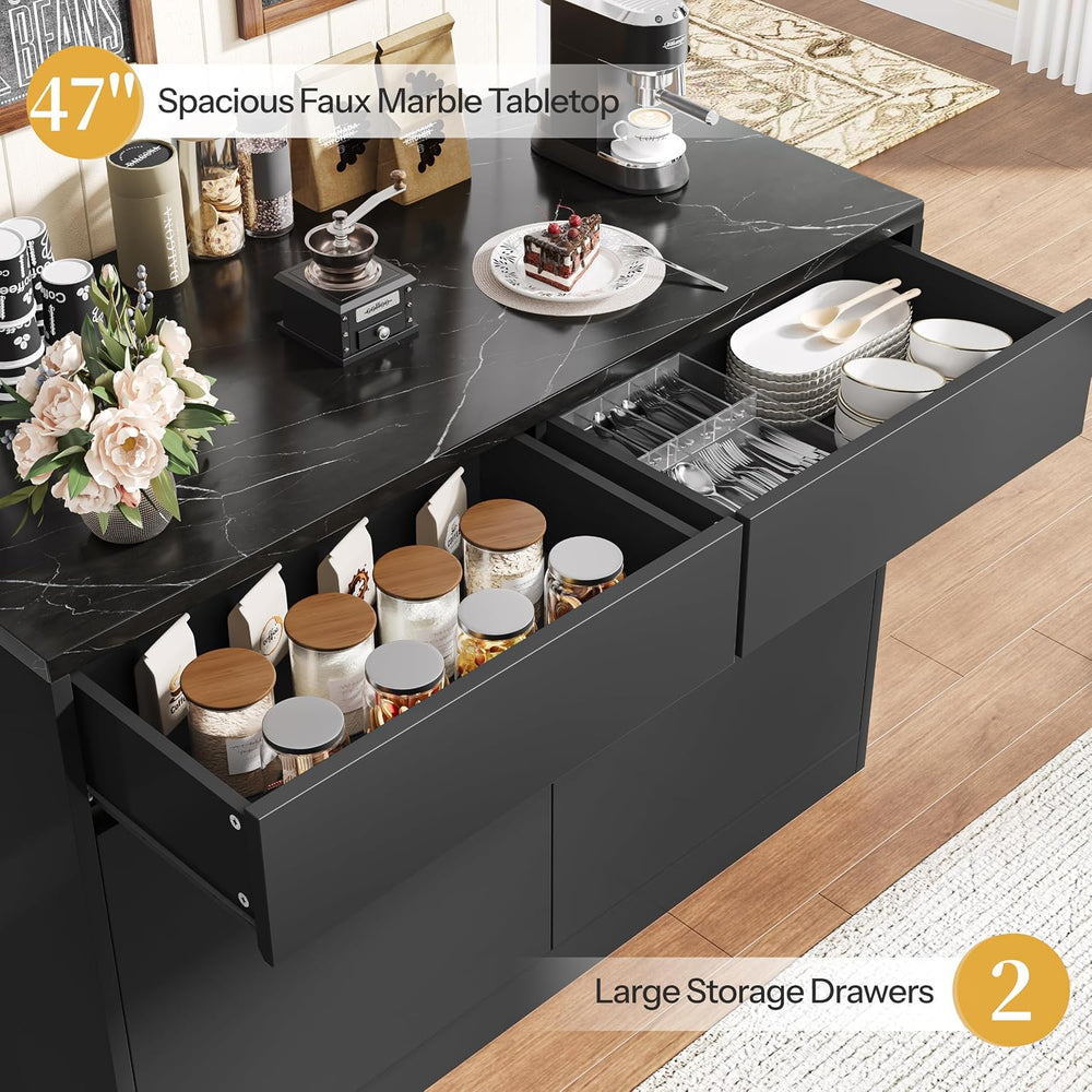 DynJest Kitchen Island with Storage, 47.2" Large Faux Marble Countertop ...