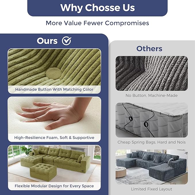 MAXYOYO 132" U Shaped Modular Sectional Sofa with 2 Ottomans, Cloud Boneless Couch with Layered Cushion, Flexible Module Combination Sofa for Living Room, No Assembly Required, Green