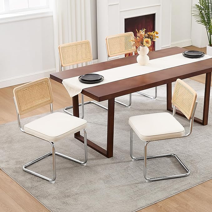 Zesthouse Natural Rattan Dining Chairs Set of 2, White Cesca Chairs with Cane Mesh & Stainless Chrome Base, Mid Century Modern Dining Room Chair, Upholstered Linen Kitchen Chair with Solid Wood Back