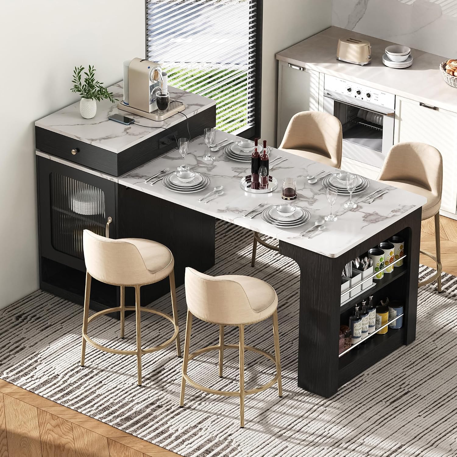 Merax 59.5" Kitchen Island with Extendable Table, Black | Table with Double-Sized Storage, Modern Island with 2 Drawers, Power Outlet, Side Open Shelves for Dining Room