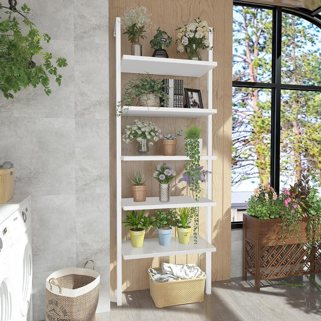 5-Tier Book Shelf Rack Against The Wall, Tall Ladder Shelf Wooden, Single Standing Bookshelf Ladder for Living Room, Bedroom, Balcony, Home Office, White/White