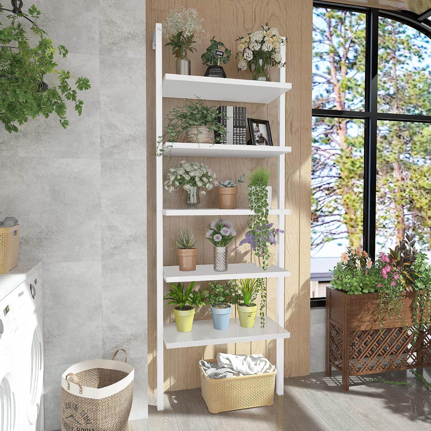 5-Tier Book Shelf Rack Against The Wall, Tall Ladder Shelf Wooden, Single Standing Bookshelf Ladder for Living Room, Bedroom, Balcony, Home Office, White/White