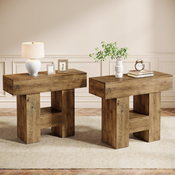Tribesigns Farmhous End Table Set of 2, 2-Tier Narrow Side Table with Storage Shelf for Living Room, Rustic Wooden Sofa Side Tables and Nightstand for Bedroom, Living Room, Apartment, Brown