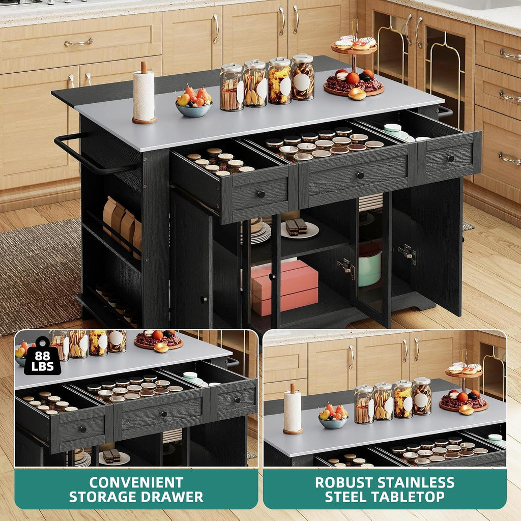 YITAHOME 60 Inch Kitchen Island with Drop Leaf | Mobile Stroage Islands with Stainless Steel Top, Rolling Island Table with Power Outlet, Adjustable Shelves, Spice Rack