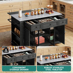 YITAHOME 60 Inch Kitchen Island with Drop Leaf | Mobile Stroage Islands with Stainless Steel Top, Rolling Island Table with Power Outlet, Adjustable Shelves, Spice Rack