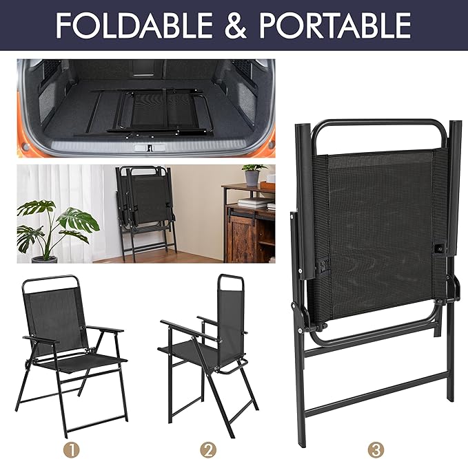 Yaheetech Outdoor Folding Patio Chairs Set of 4, Portable Outdoor Folding Chairs for Outside, Lawn, Garden and Porch with Metal Frame, Armrests, Stackable, Foldable and Portable Design, Black
