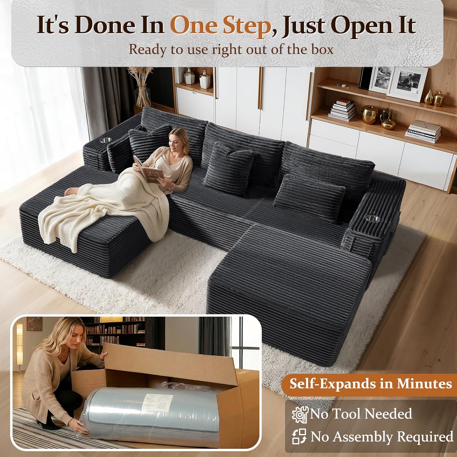 108" Oversized Cloud Sectional Couch, Comfort U Shaped Boneless Couch for Living Room, Extra Deep Seats No Assembly, Modular Sofa, Corduroy (Dark Grey, 2 Seater + Left Facing Chaise + Ottoman)
