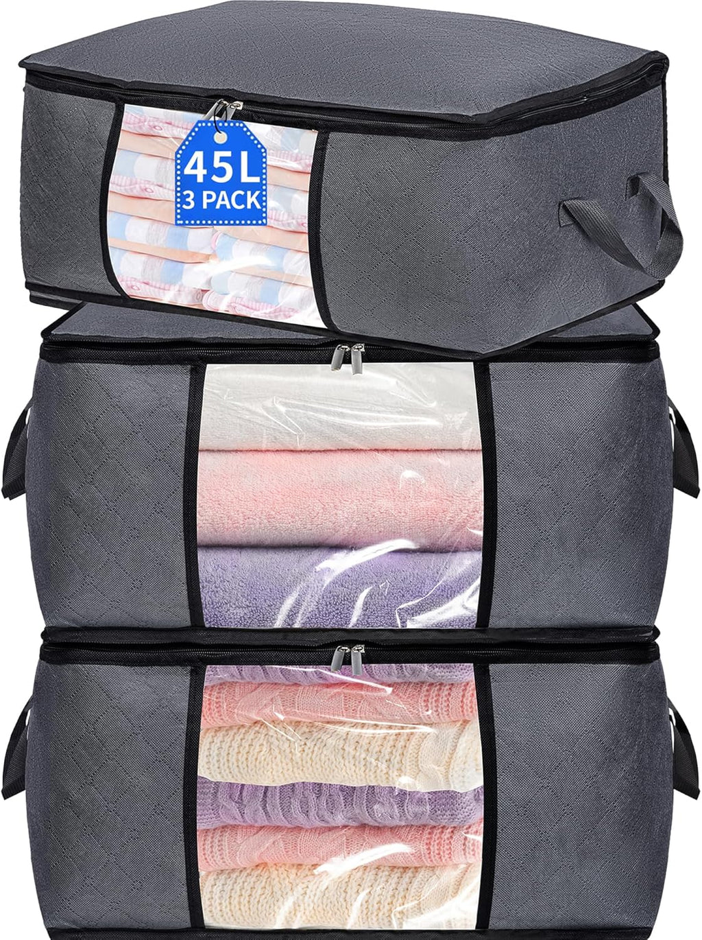 3 Pack Clothes Storage Bags with Zipper, 45L Foldable Blanket Storage Box with Clear Window Sturdy Handles for Closet, Dorm, Pillows, Bedding, Sheet, Comforter, Gray