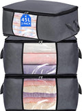 3 Pack Clothes Storage Bags with Zipper, 45L Foldable Blanket Storage Box with Clear Window Sturdy Handles for Closet, Dorm, Pillows, Bedding, Sheet, Comforter, Gray