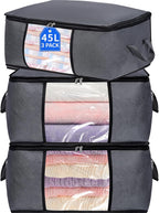 3 Pack Clothes Storage Bags with Zipper, 45L Foldable Blanket Storage Box with Clear Window Sturdy Handles for Closet, Dorm, Pillows, Bedding, Sheet, Comforter, Gray