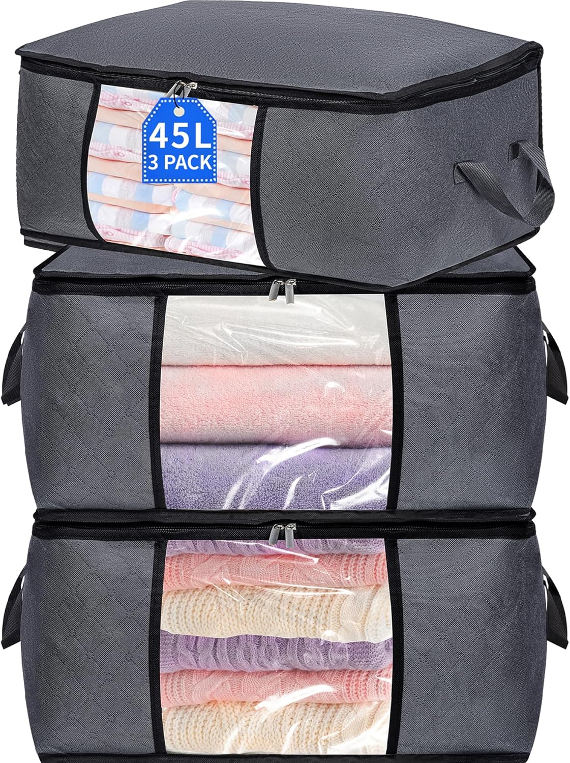 3 Pack Clothes Storage Bags with Zipper, 45L Foldable Blanket Storage Box with Clear Window Sturdy Handles for Closet, Dorm, Pillows, Bedding, Sheet, Comforter, Gray
