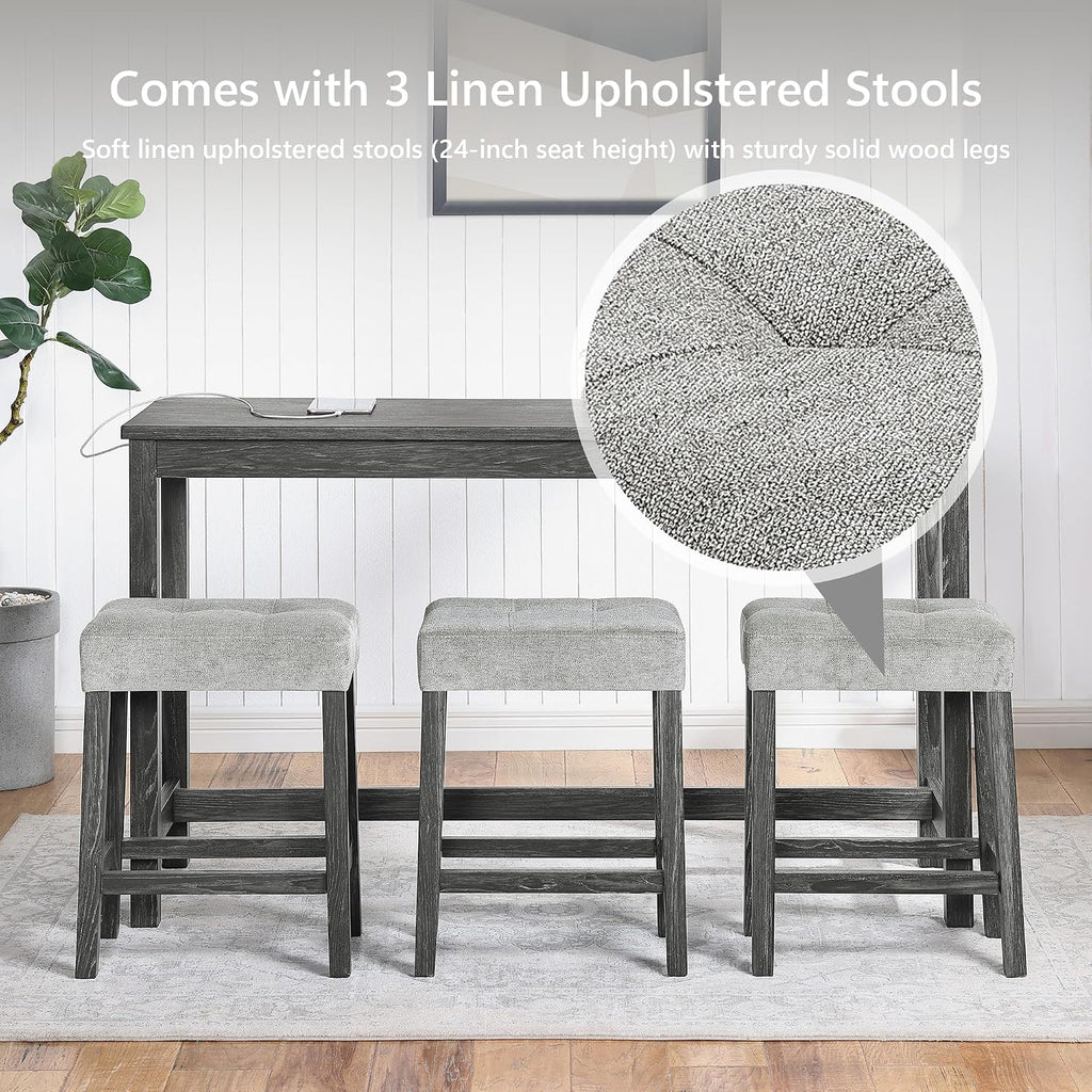 Merax Industrial Bar Table Set with Power Outlet, 4-Piece Counter Height Dining Set with Linen Fabric Stools for Kitchen, Breakfast Nook, Game Room,Black Gray+ Gray